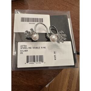 adeam Double Ring Silver with Round White Pearls and Crystals OS Cocktail Style